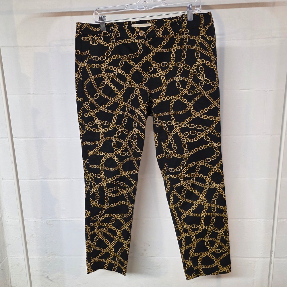 Michael Kors Womens 12 Black Gold Chain Link Print Ankle Slim Trousers Pants‎